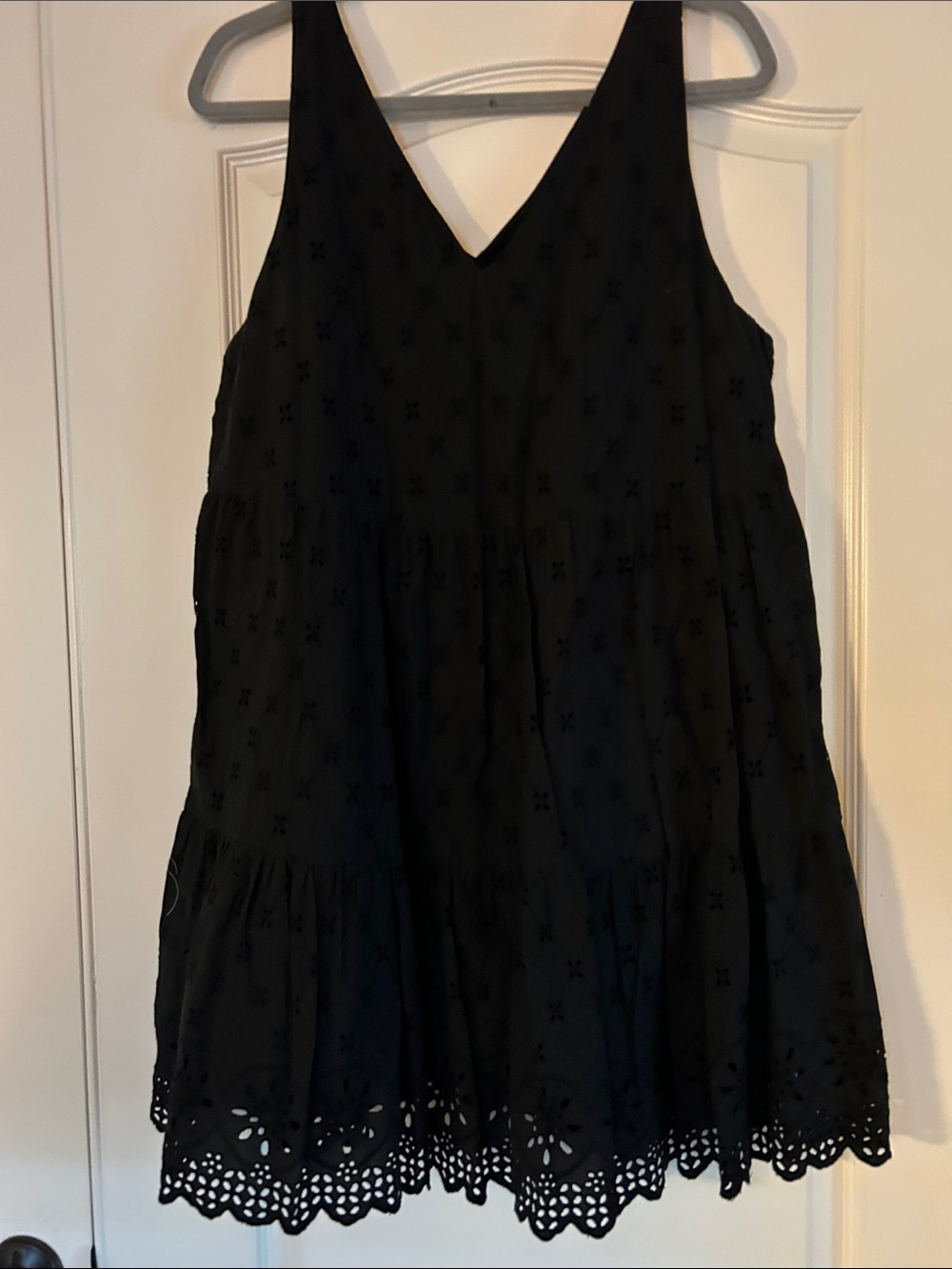 LOFT Black Eyelet Tiered V‑Neck Mini Dress